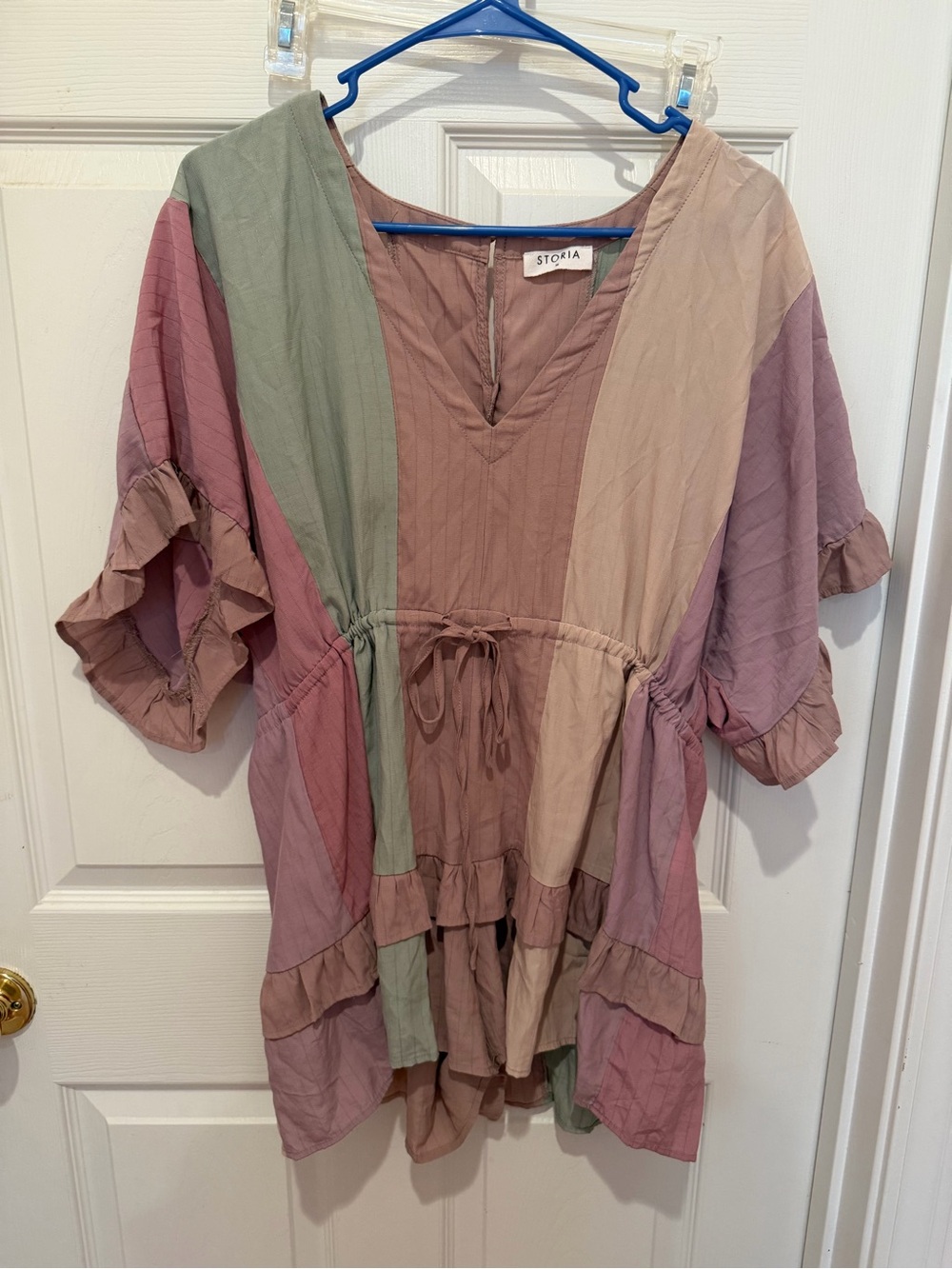 STORIA Color Block Ruffle Tunic Dress Boho Pink Green Mauve Size M